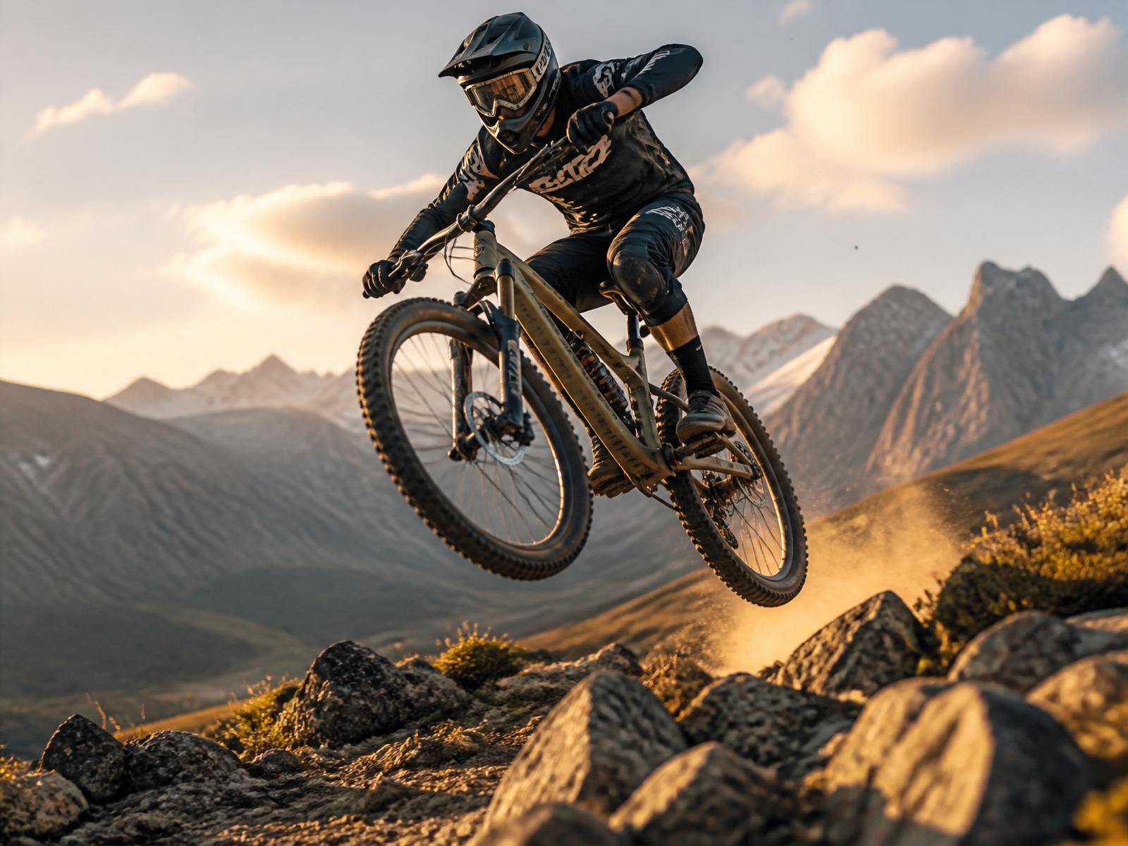 Enduro mountain biker in full gear performing a technical jump